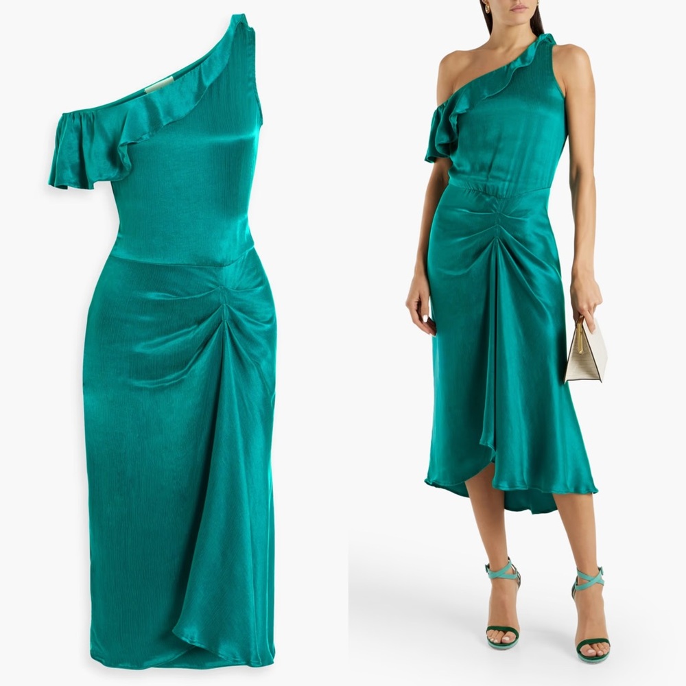 BA&SH Bandy One-Shoulder Ruched Satin-Crepe Midi Dress Emerald 4 NWT